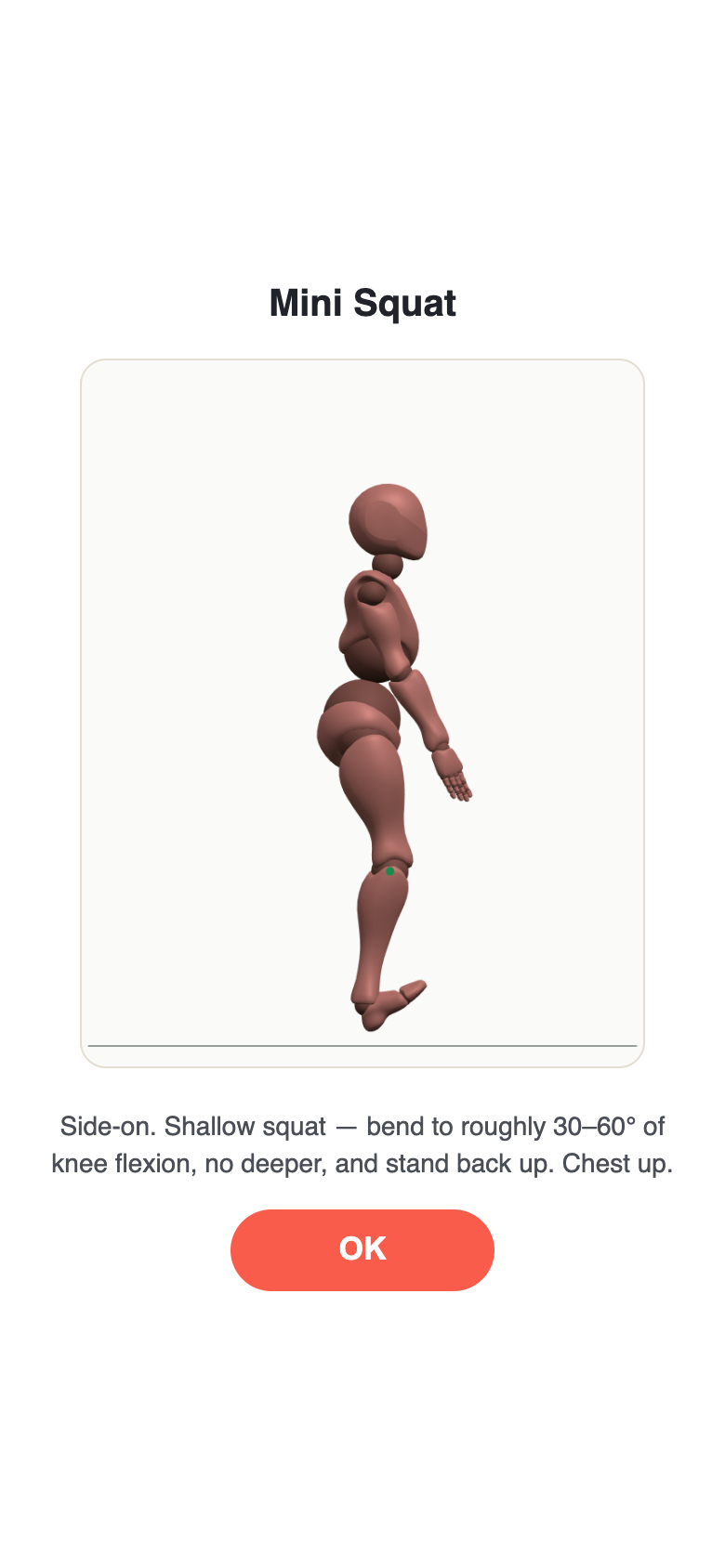 The Motus app showing the 3D coach demonstrating a mini squat